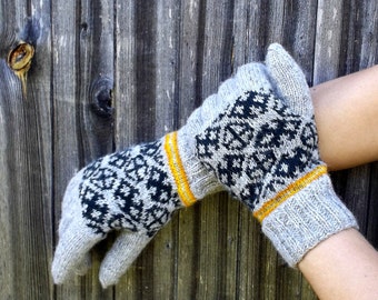 knit gloves, knitted wool winter gloves with fingers, hand knit women men mittens, nordic ethnic arm warmers, accessories, latvian gloves