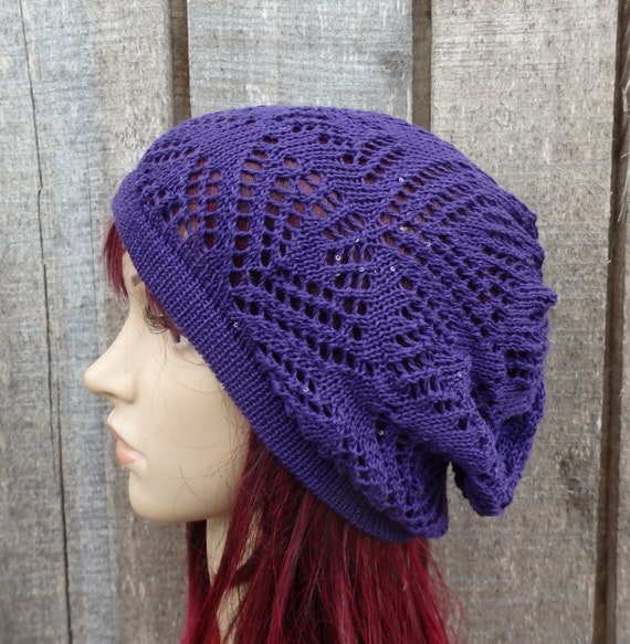 Knitted Cotton Summer Purple Beanie, Lace Thin Hat, Knit Light