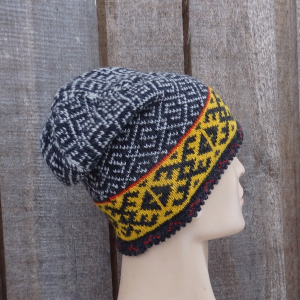 knit wool colorful dark gray warm men winter hat, handmade Latvian tam, nordic hat