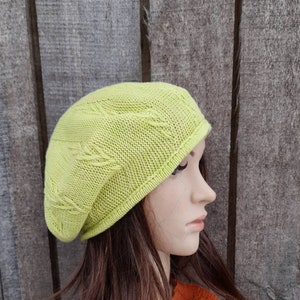 knitted cotton green yellow summer beret, thin slouchy hat image 6