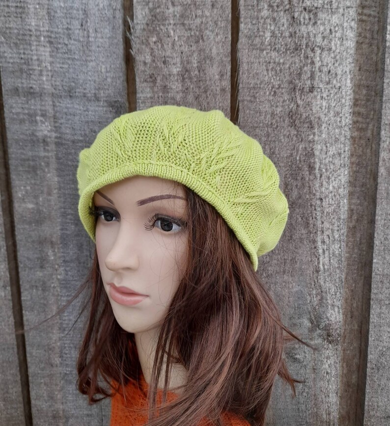 knitted cotton green yellow summer beret, thin slouchy hat image 3