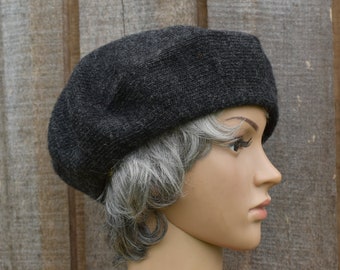 knitted  dark gray wool classic beret hat for women.