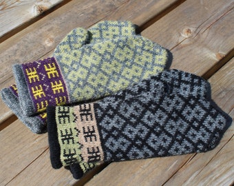 Mitaines lettones tricotées, mitaines grises à tricoter, chauffe-mains ethniques, gants d'hiver chauds, gants pour femmes taille M