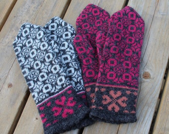 Wollen Letse wanten, warme wanten breien, ongevoerde handwarmers, Fair Isle wintergrijze handschoenen, maat M wanten