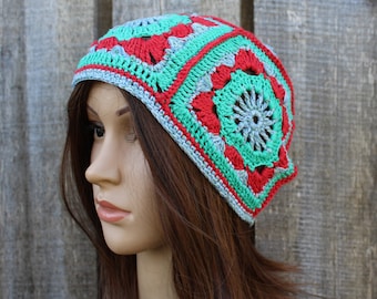 Crocheted colorful beanie hat, breathable cotton granny square hat, handmade summer hat, green red beanie