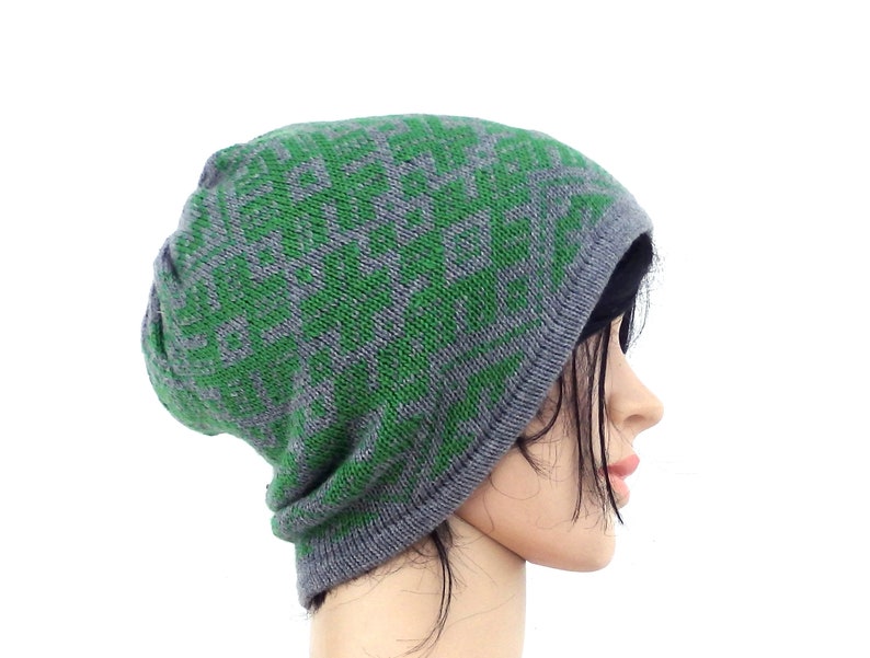 Knitted beanie knitted double winter hat knit wool hat knit head gear colorful patterned gray green cap with lining women men hat