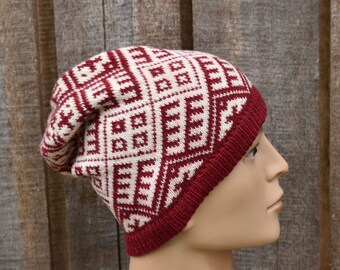 Knitted wool red white Latvian unisex warm winter hat, handmade Scandinavian hat, fair isle lined beanie.