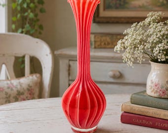 Vintage Murano Style Art Glass Vase, Red White Candy Cane Swirl Ruffled Rim