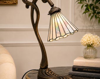 Refurbished Antique Art Nouveau Bronze Gooseneck Lamp with Opalescent Iridescent Glass Shade