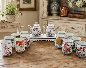 Vintage "Birds and Flowers of the Orient" Fine Porcelain Tea Set by the Franklin Mint
