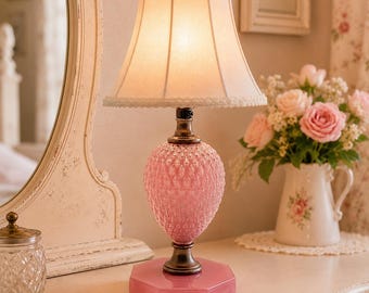Refurbished Vintage Pinkish-Purple Hobnail Glass Table Boudoir Lamp with Glass Octagonal Base