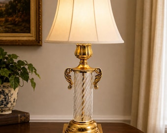 Vintage Large Crystal and Brass Table Lamp