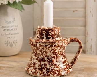 Vintage Gerald E. Henn Brown Spongeware Pottery Candle Holder with Handle