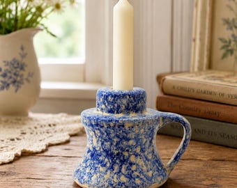 Vintage Gerald E. Henn Blue Spongeware Pottery Candle Holder with Handle