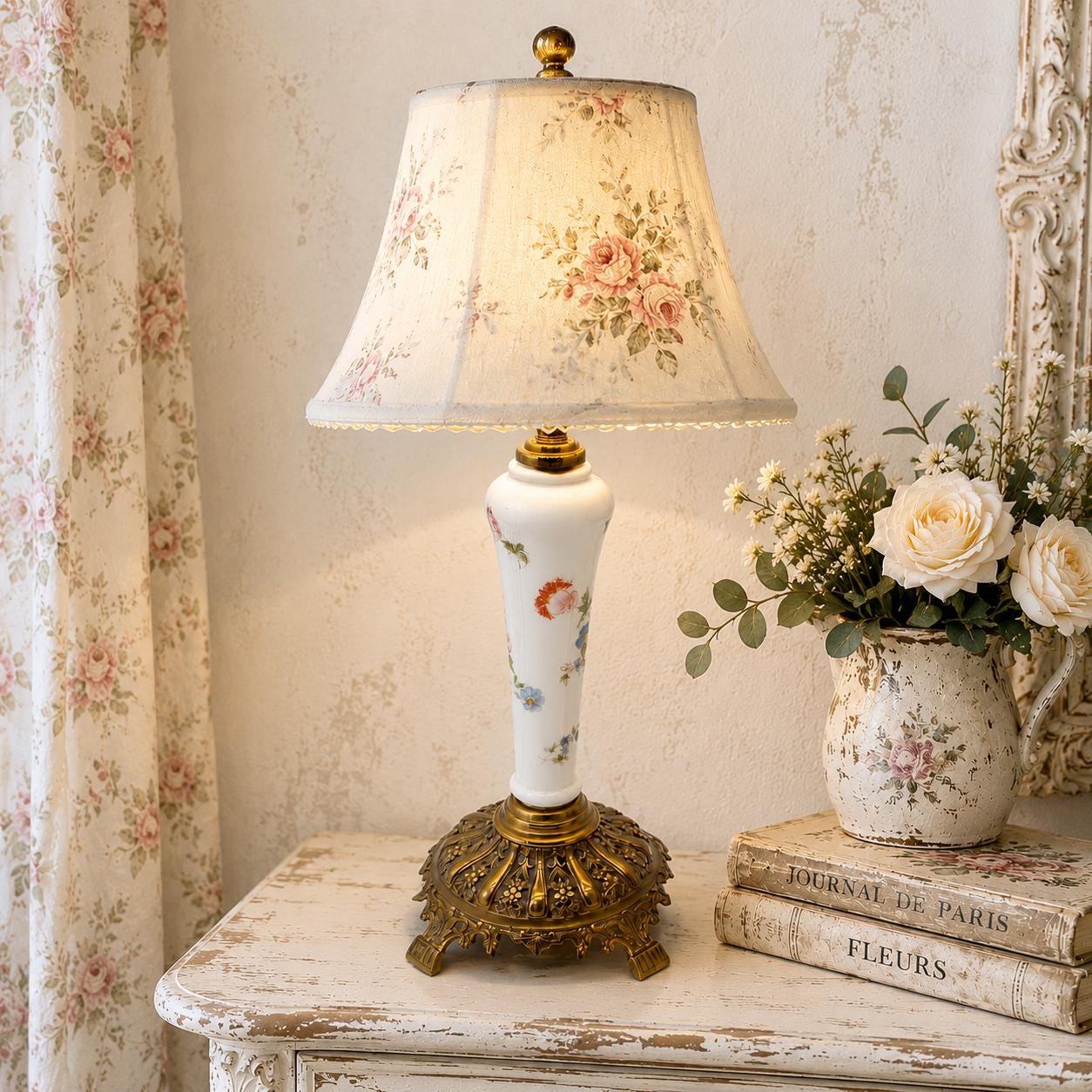 Oneach Vintage Farmhouse Table Lamps Set of 2 for Bedroom  Vintage Style Cream and Brown Floral Table Lamp Pair display picture 1