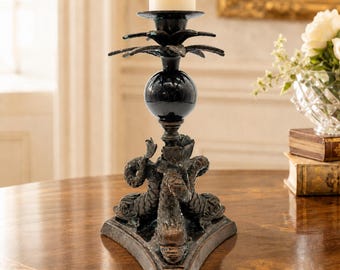 Antique Patinated Bronze Candlestick with Dolphin Base and Marble Sphere