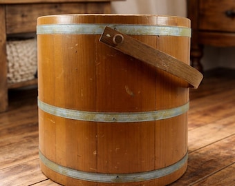 Antique Wooden Firkin Bucket with Swing Handle and Interior Dividers