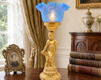 Antique Art Nouveau Gold Cherub Lamp with Fenton Opalescent Diamond Optic Glass Shade