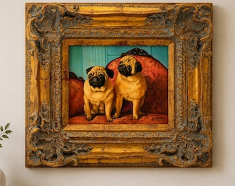 Oil Painting,  "2 Pug Dogs on a Sofa", signed by Laura Cassidy