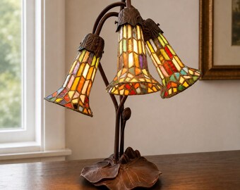 Vintage Tiffany Style Stained Glass Three Light Lily Table Lamp