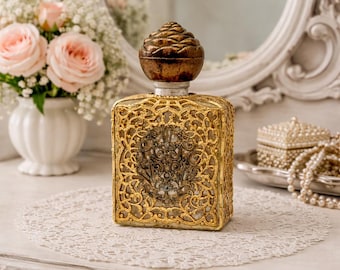 Antique European Glass Perfume Bottle with Ornate Filigree Sleeve and Stopper