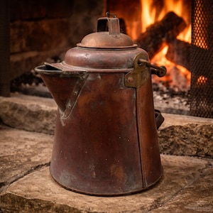 May include: An antique copper kettle with a handle, lid, and spout. The kettle has a weathered, aged appearance with a reddish-brown patina. The background features a fireplace with a warm, glowing fire.