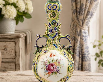 Antique Nippon Moriage Lidded Urn Vase, Hand-Painted Jeweled Porcelain
