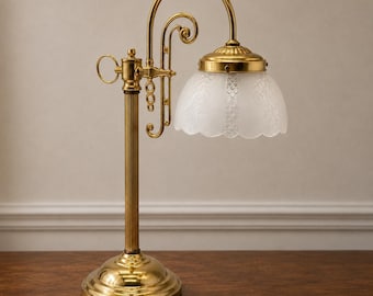 Vintage Brass Gooseneck Table Lamp with Frosted Etched Glass Shade