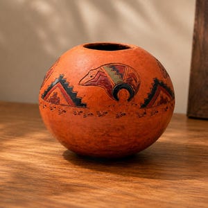 Vintage Navajo Pottery Seed Pot with Bear and Geometric Designs by Ken & Irene White