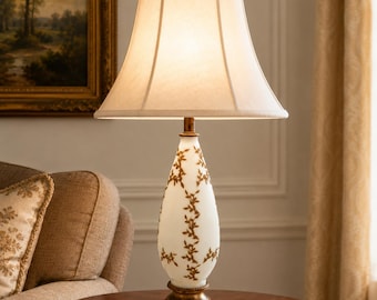 Refurbished Large Vintage White Milk Glass Table Lamp w Gilt Leaf and Brass Base