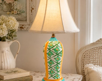 Vintage Hand-Painted Glazed Ceramic Table Lamp with Floral and Geometric Patterns
