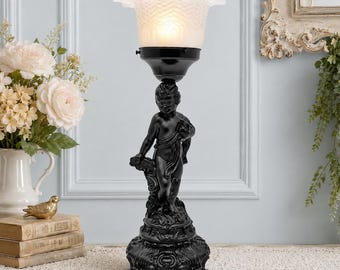 Antique Art Nouveau Black Cherub Lamp with Vintage Frosted Satin Glass Ruffled Shade