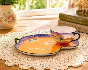 Vintage Noritake Peach Lusterware Demitasse Cup and Saucer Snack Set with Mahjong Tiles