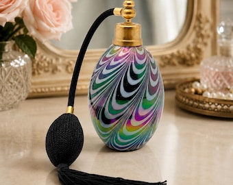 Vintage Iridescent Art Glass Perfume Atomizer with Swirl Pattern and Tassel