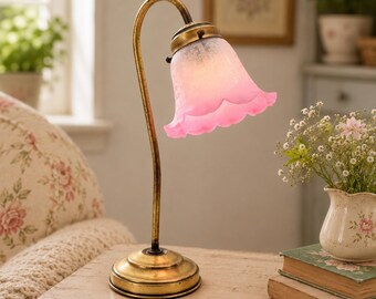 Refurbished Vintage Art Nouveau Gooseneck Table Lamp with Pink Tulip Shaped Floral Etched Glass Shade