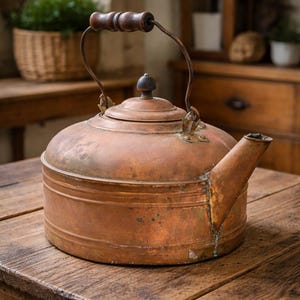 May include: A vintage copper kettle with a wooden handle and spout. The kettle has a round body with a lid and a curved handle. The copper has a weathered patina, suggesting age and use. The kettle sits on a wooden surface.