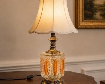 Vintage Amber Glass Table Lamp: Loevsky & Loevsky Metal Castings 1970s Hollywood Regency