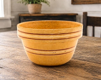 Antique Yelloware Mixing Bowl with Brown and White Bands