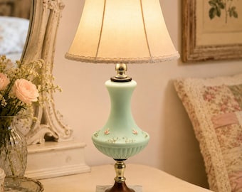Refurbished Vintage Pale Green Glass Table Lamp with Hand-Painted Floral Motifs