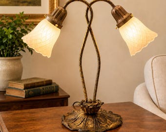 Restored Vintage Two-Stem Goose Neck Lamp, Lily Pad Base, Frosted Diamond Glass Shades