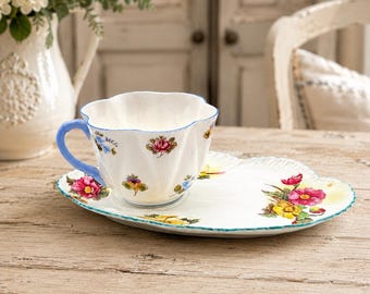 Vintage Shelley Fine Bone China Begonia Teacup and Saucer Snack Set