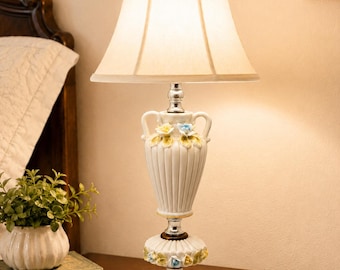 Refurbished Vintage Capodimonte Style Porcelain Boudoir Lamp with Raised Flowers and Marble Base