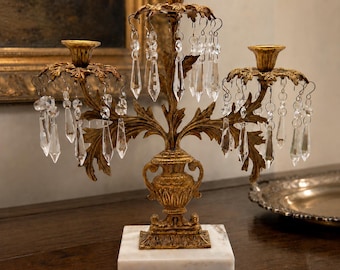Antique Victorian Brass Girandole Candelabra with Crystal Prisms and Marble Base