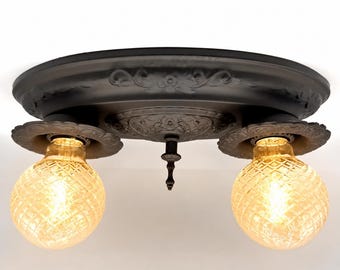 Antique Art Deco Restored Dual Light Ceiling Fixture – Matte Black Cast Aluminum, Floral Details