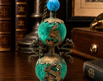 Antique Chinese Double Gord Snuff Bottle with Agate, Tibetan Silver and Turquoise Bead