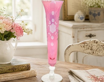 Vintage Cranberry Pink Etched Bud Vase with Floral Design