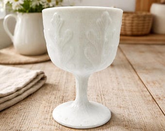 Vintage Milk Glass Chalice Goblet with Oak Leaf Design