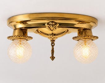 Antique Art Deco Dual Ceiling Light Fixture – Brass Plated Cast Aluminum