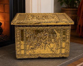 Antique European Embossed Brass Covered Wooden Firewood Storage Box