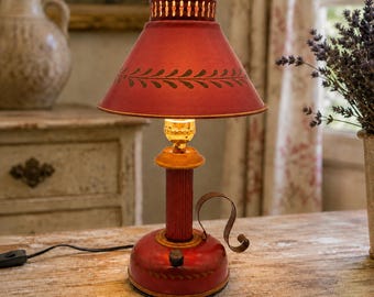 Vintage Red Toleware Table Lamp with Metal Decorative Shade